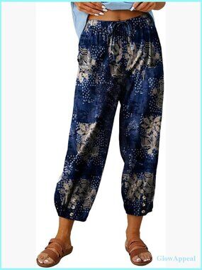 High Waist Drawstring Cinch Bottom Capri Pants Cotton Loose Casual Trouser with